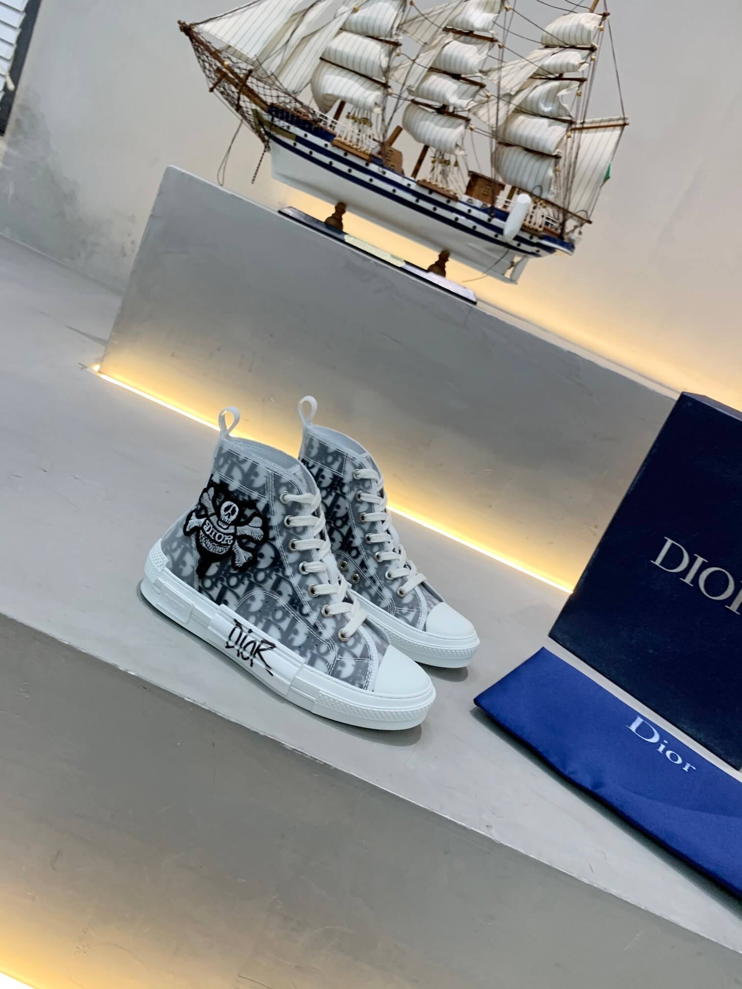 Dior B23 Skull Patch Monochrome Grey High-Top Sneakers