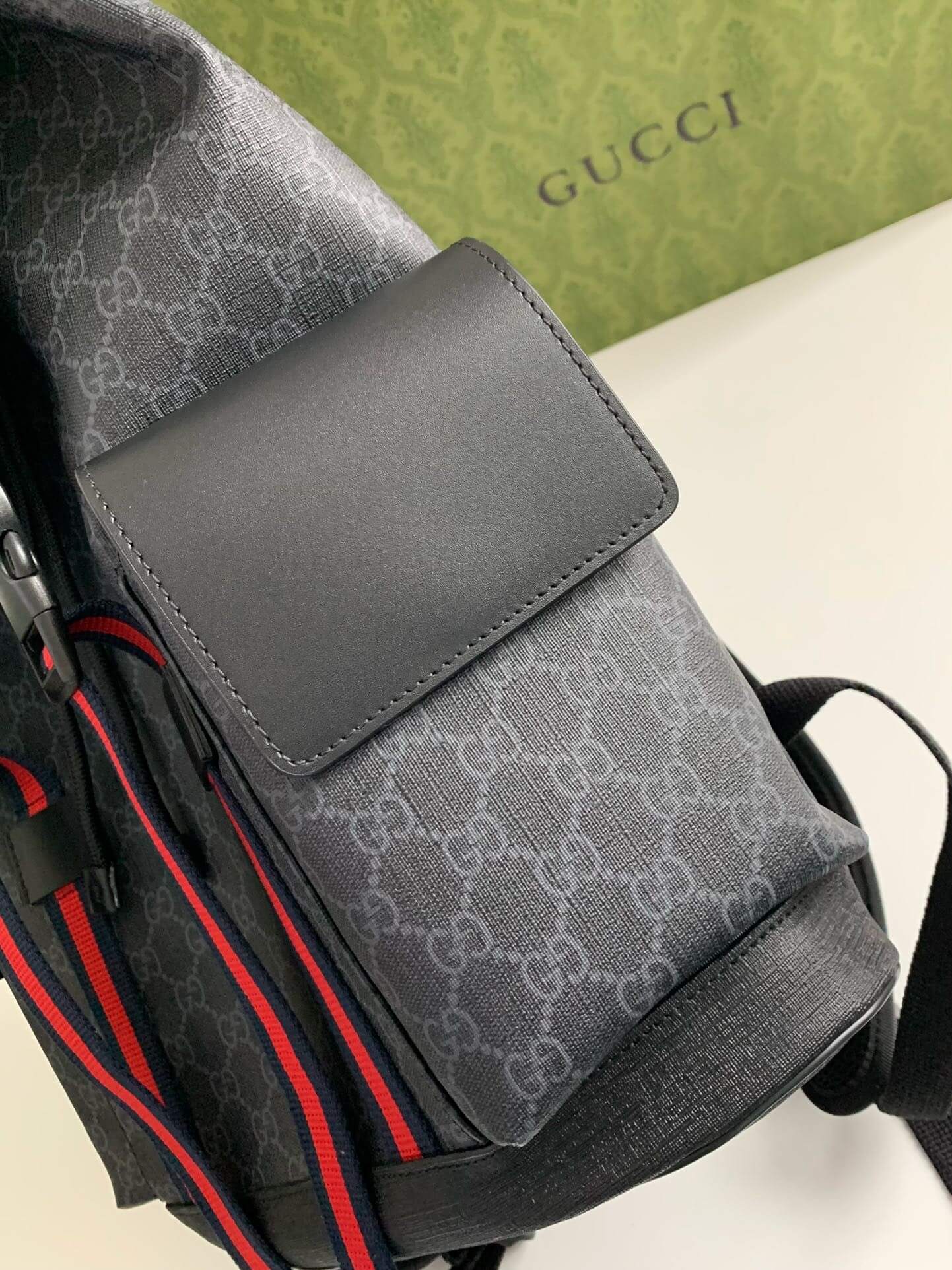 Gucci Black GG Supreme Backpack with Web Straps - Image 5