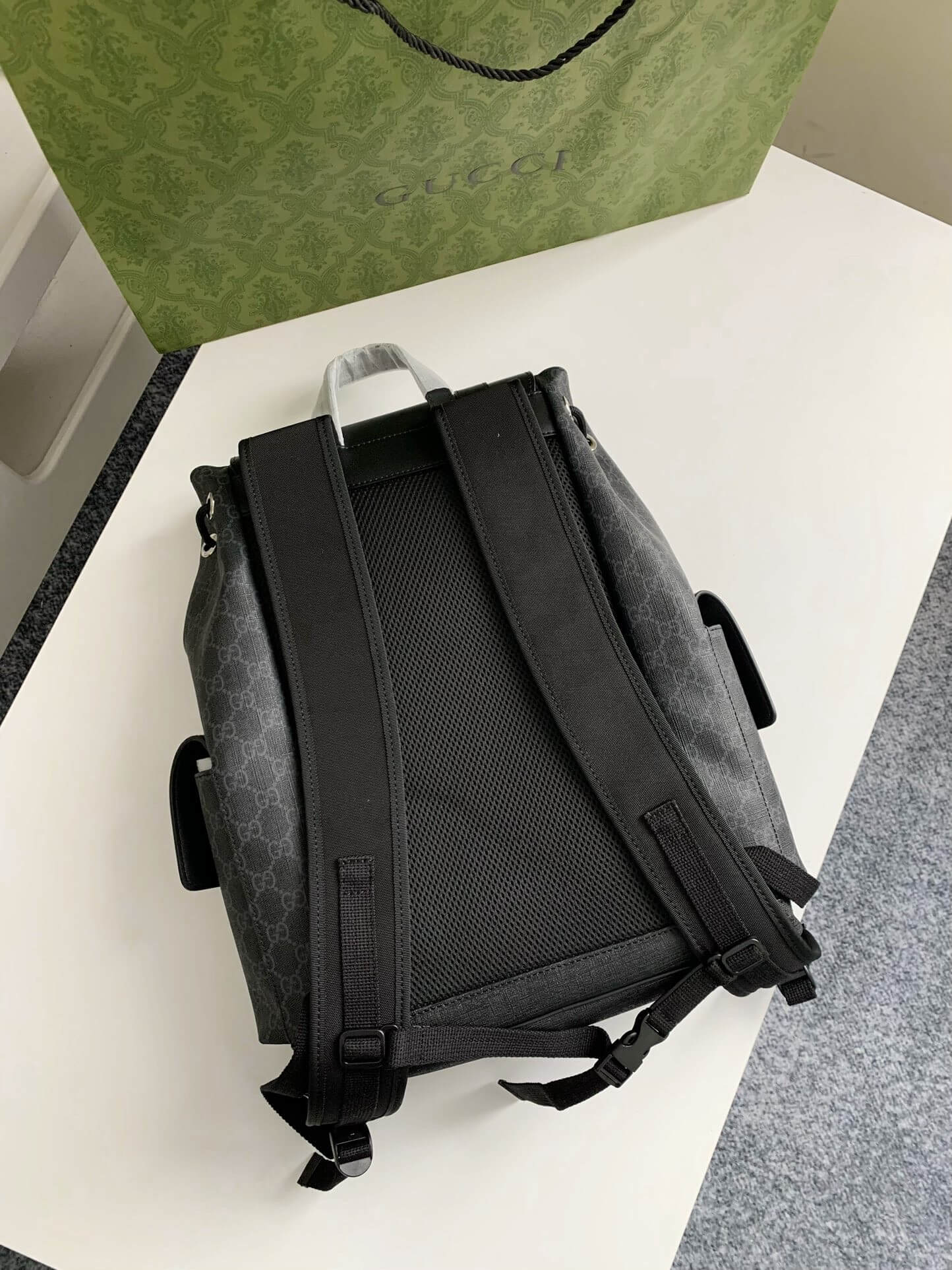 Gucci Black GG Supreme Backpack with Web Straps - Image 7