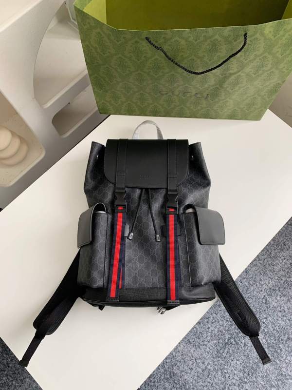 Gucci Black GG Supreme Backpack with Web Straps