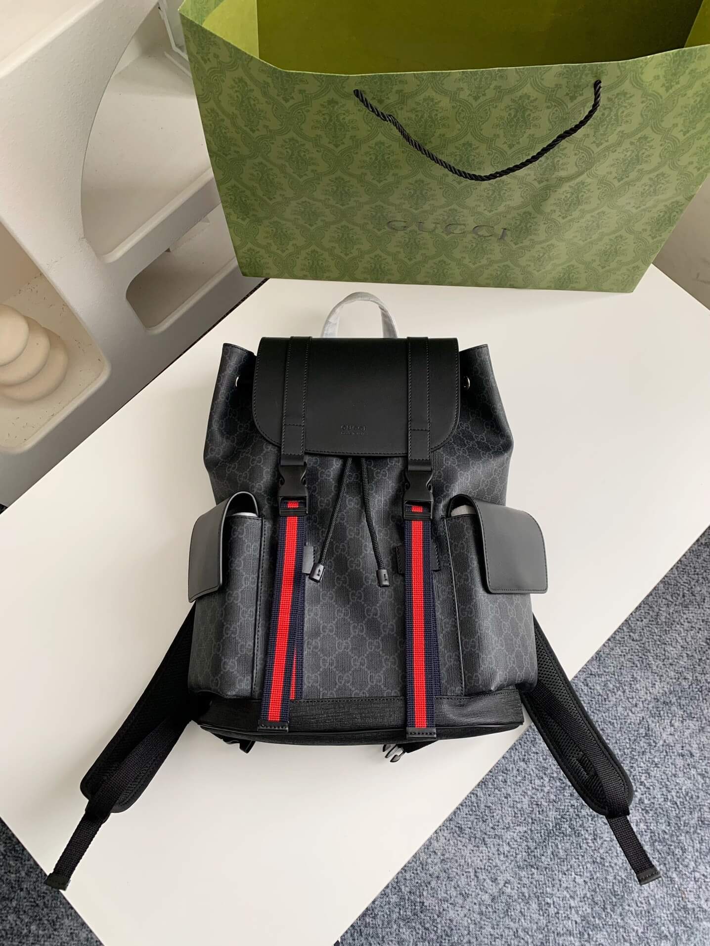 Gucci Black GG Supreme Backpack with Web Straps