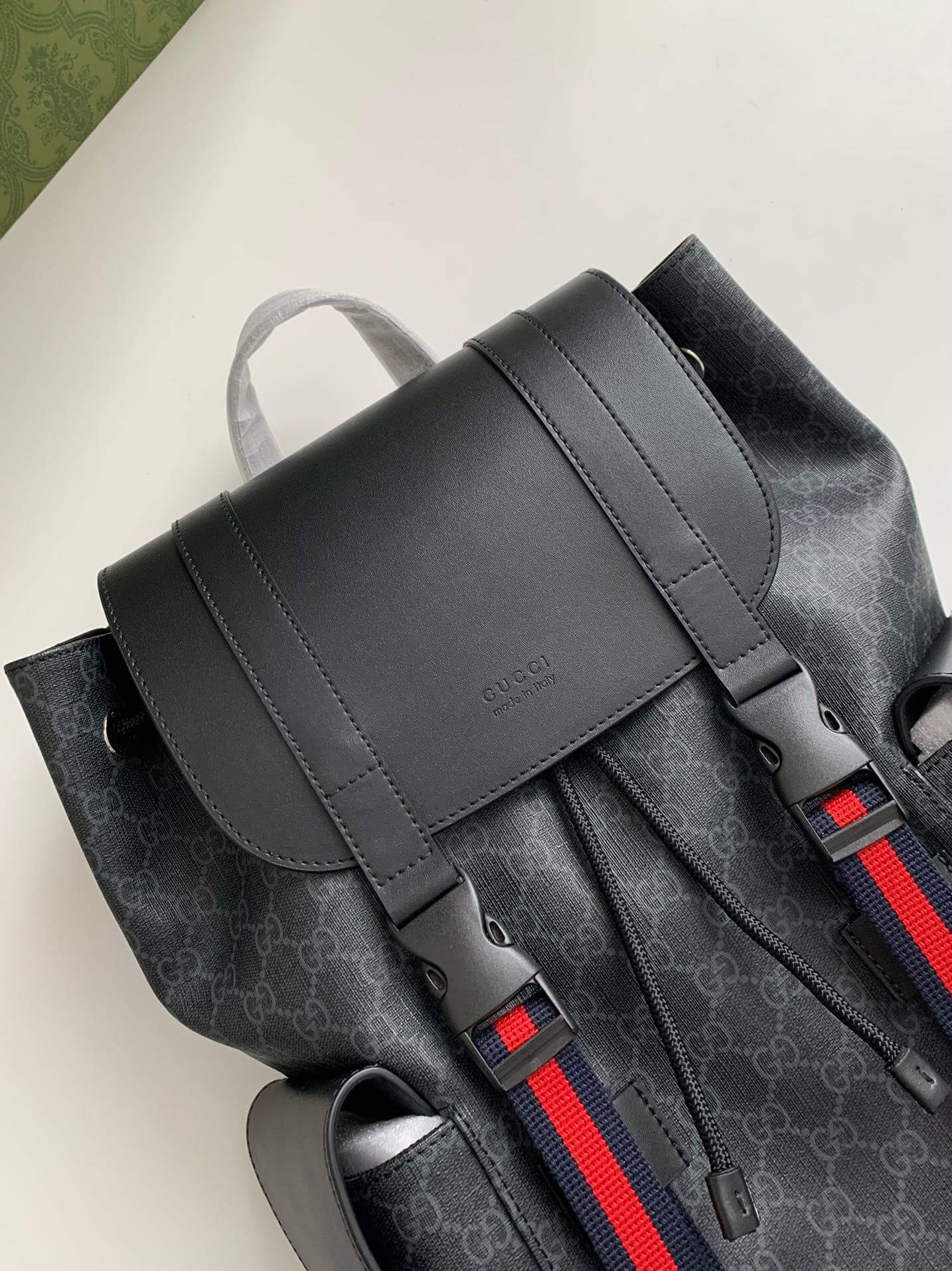 Gucci Black GG Supreme Backpack with Web Straps - Image 9