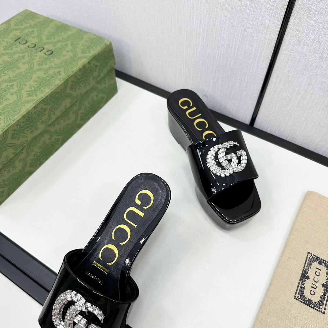 Gucci-Inspired Black Patent Leather GG Crystal Platform Slide Sandals - Image 6