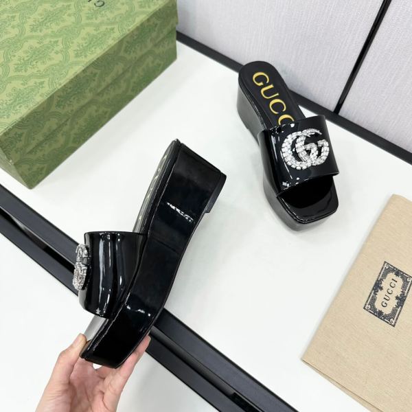 Gucci-Inspired Black Patent Leather GG Crystal Platform Slide Sandals