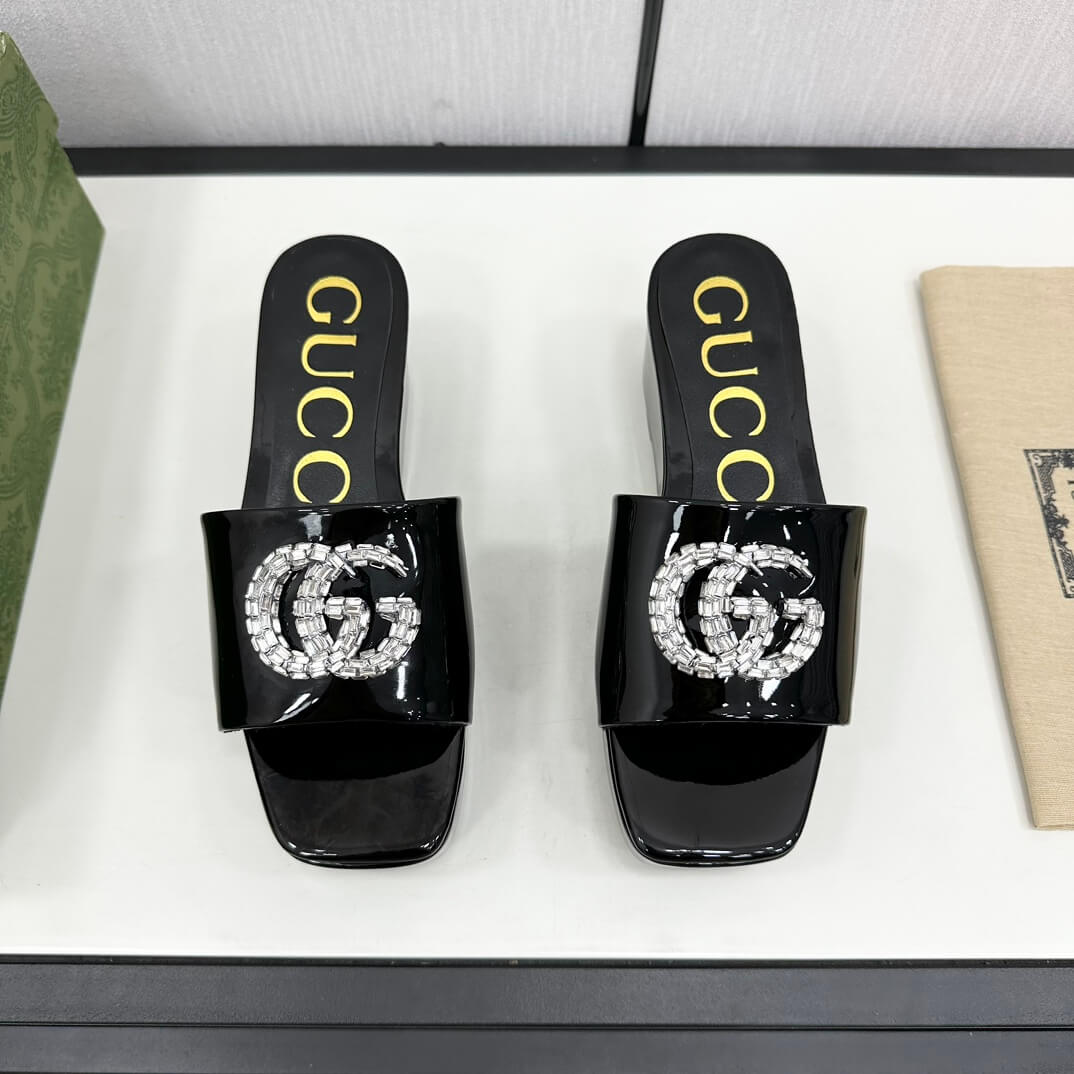 Gucci-Inspired Black Patent Leather GG Crystal Platform Slide Sandals - Image 3