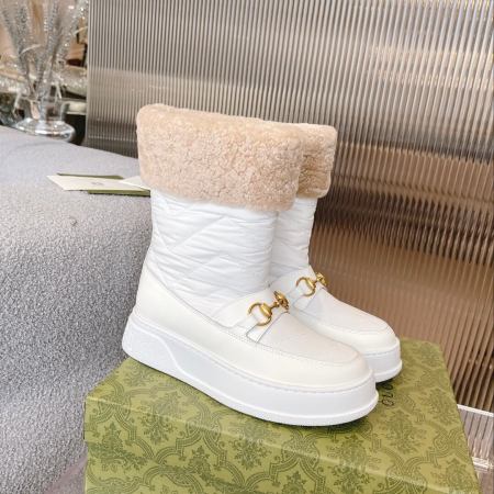 Gucci White Leather & Quilted Nylon Shearling-Lined Horsebit Snow Boot