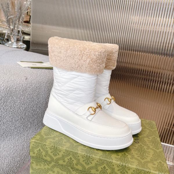 Gucci White Leather & Quilted Nylon Shearling-Lined Horsebit Snow Boot