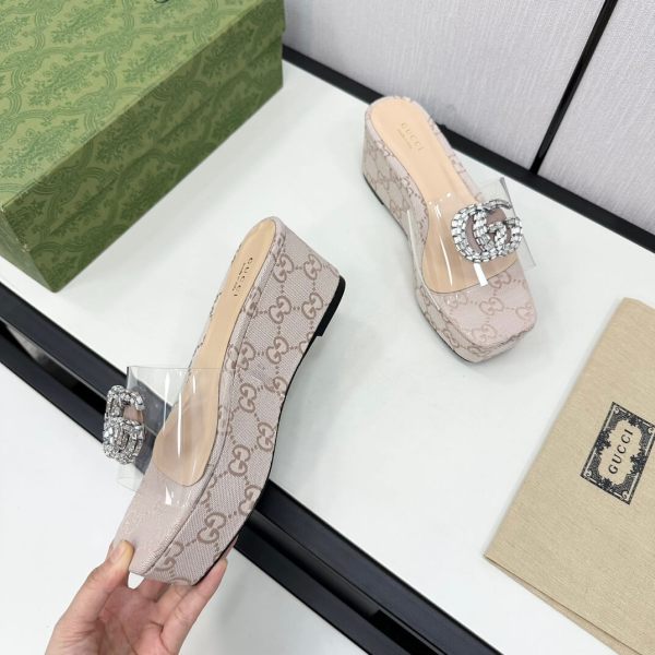 Gucci Beige GG Canvas Crystal Double G Platform Slides