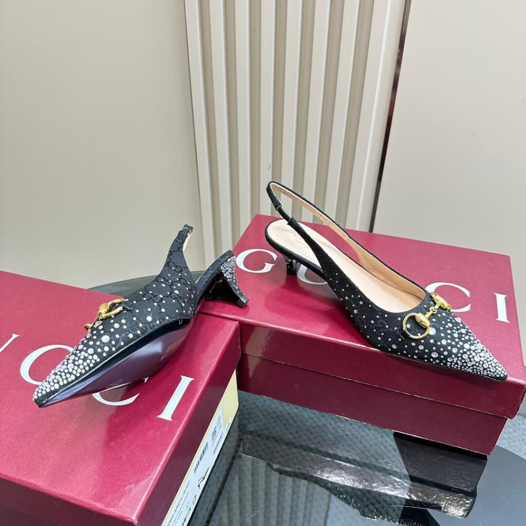 Gucci Black Crystal-Embellished Slingback Kitten Heels