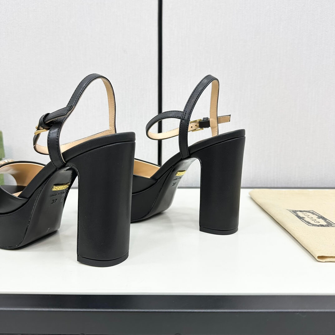 Gucci Black Leather Claudie Platform Peep-Toe Sandals with Crystal GG Logo - Image 5
