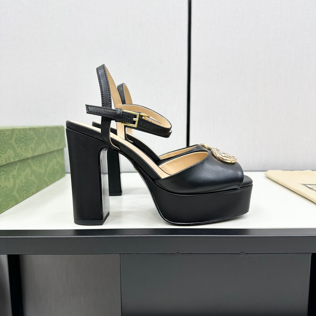 Gucci Black Leather Claudie Platform Peep-Toe Sandals with Crystal GG Logo - Image 2