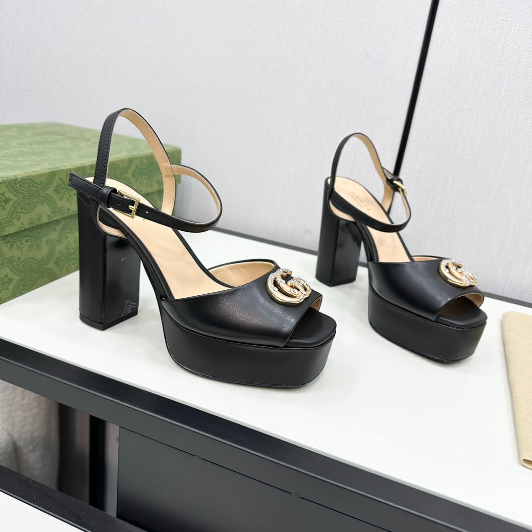 Gucci Black Leather Claudie Platform Peep-Toe Sandals with Crystal GG Logo - Image 3