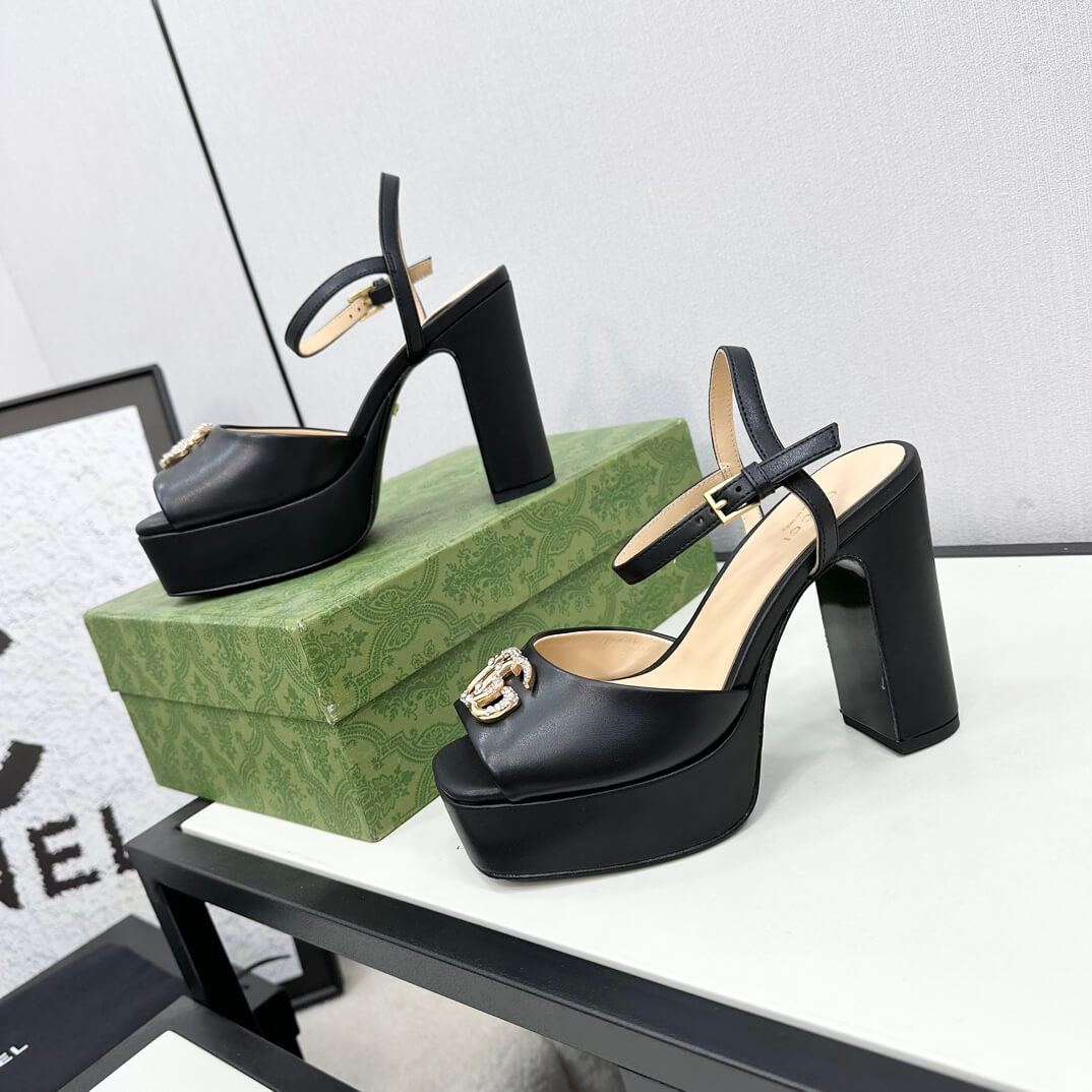 Gucci Black Leather Claudie Platform Peep-Toe Sandals with Crystal GG Logo - Image 4