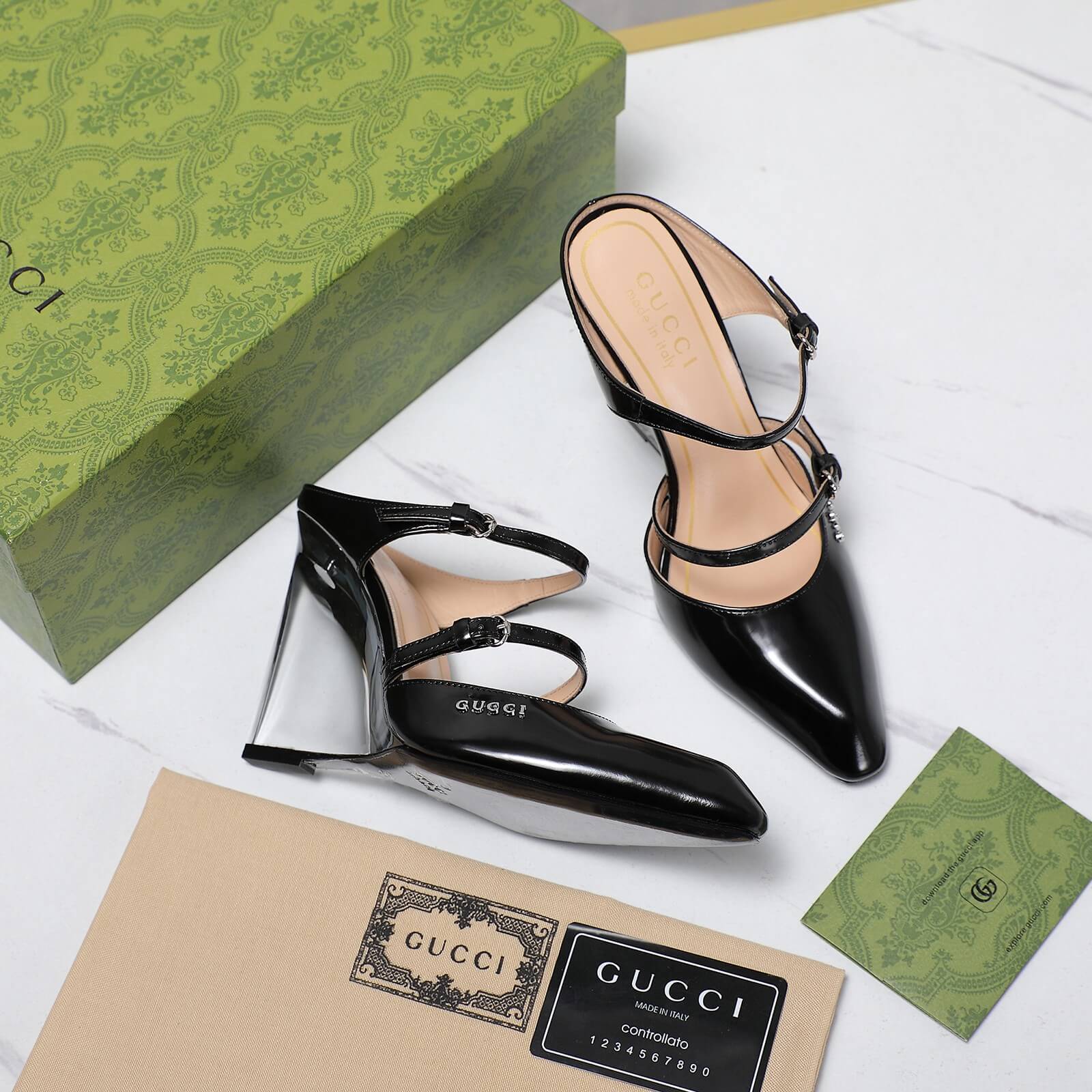 Gucci Black Patent Leather Double-Strap Wedge Mule Heels - Image 9