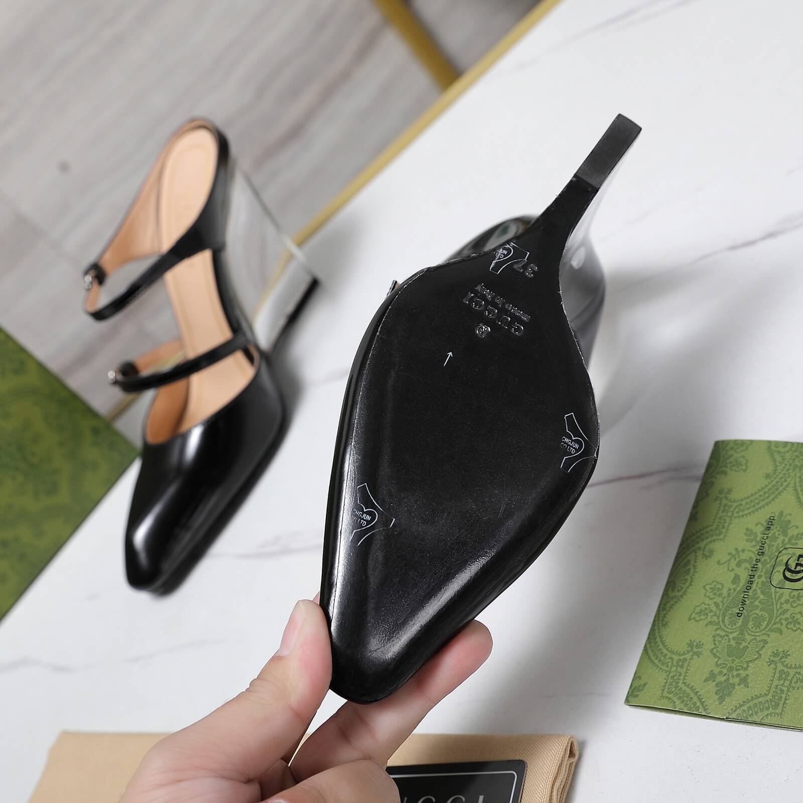 Gucci Black Patent Leather Double-Strap Wedge Mule Heels - Image 8