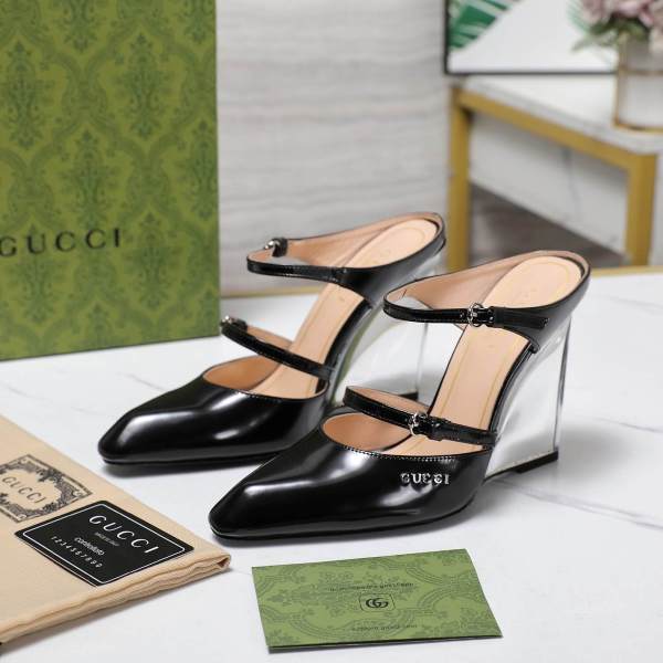 Gucci Black Patent Leather Double-Strap Wedge Mule Heels