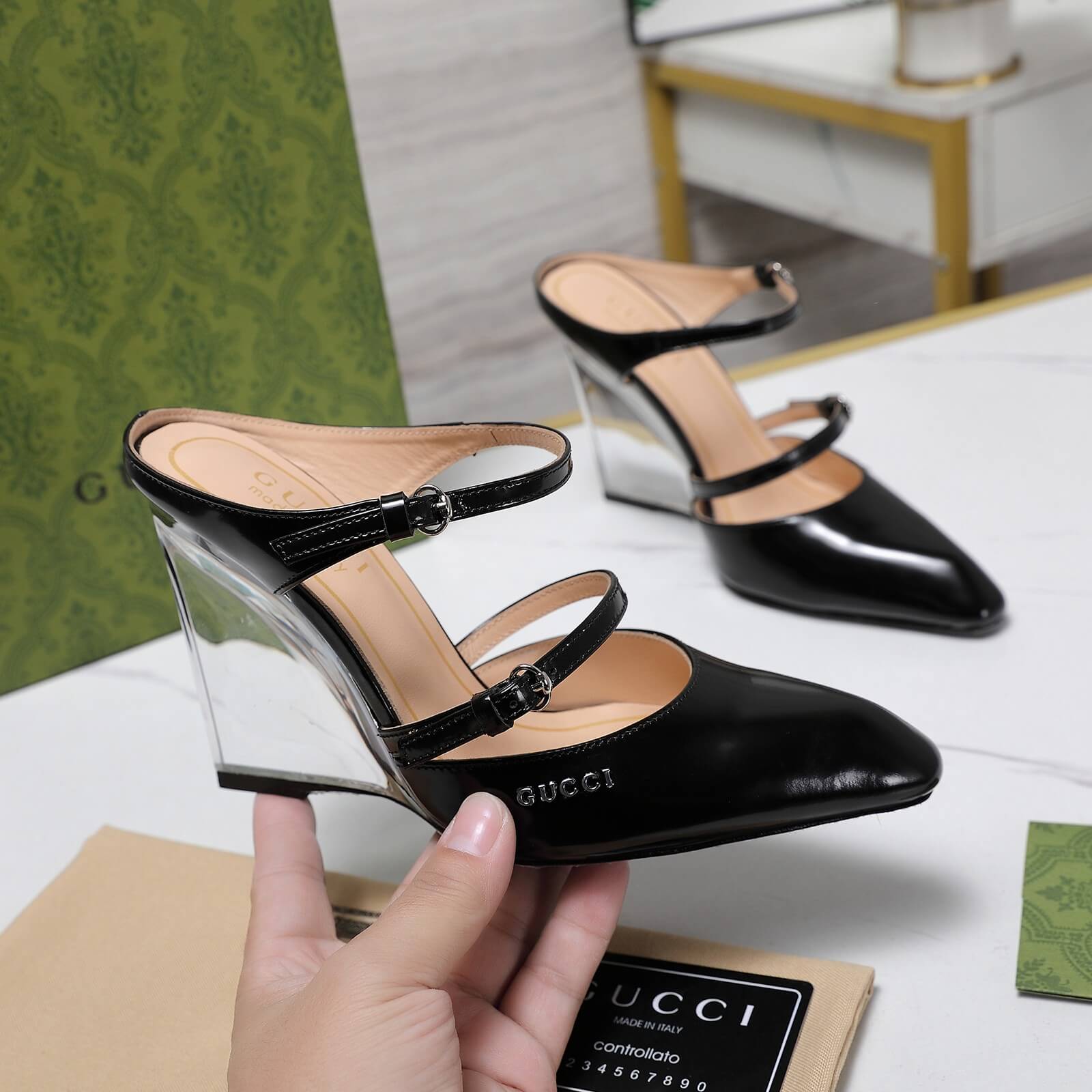 Gucci Black Patent Leather Double-Strap Wedge Mule Heels - Image 5
