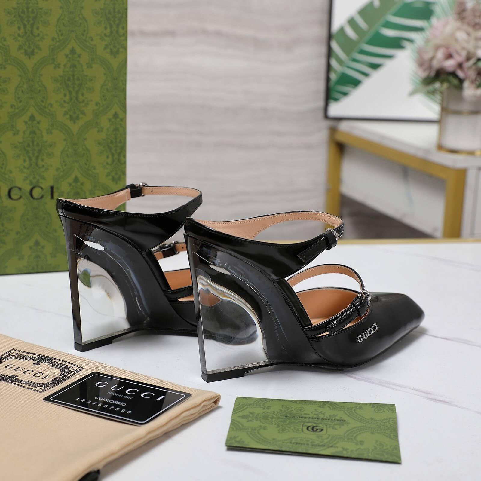 Gucci Black Patent Leather Double-Strap Wedge Mule Heels - Image 3