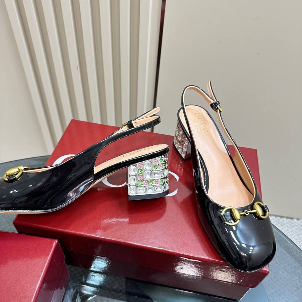 Gucci Black Patent Leather Horsebit Slingback Pumps with Crystal Heel