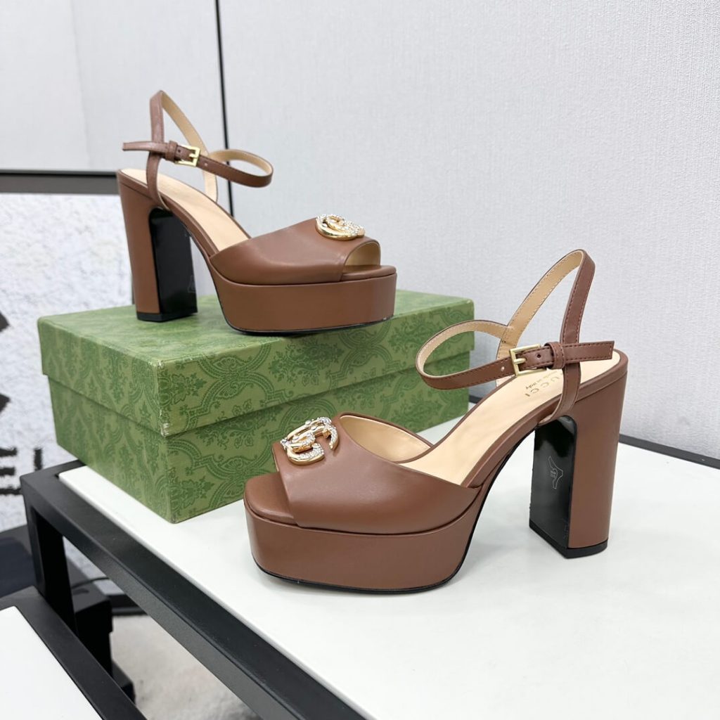Gucci Brown Leather Claudie Platform Peep-Toe Sandals with Crystal GG Logo