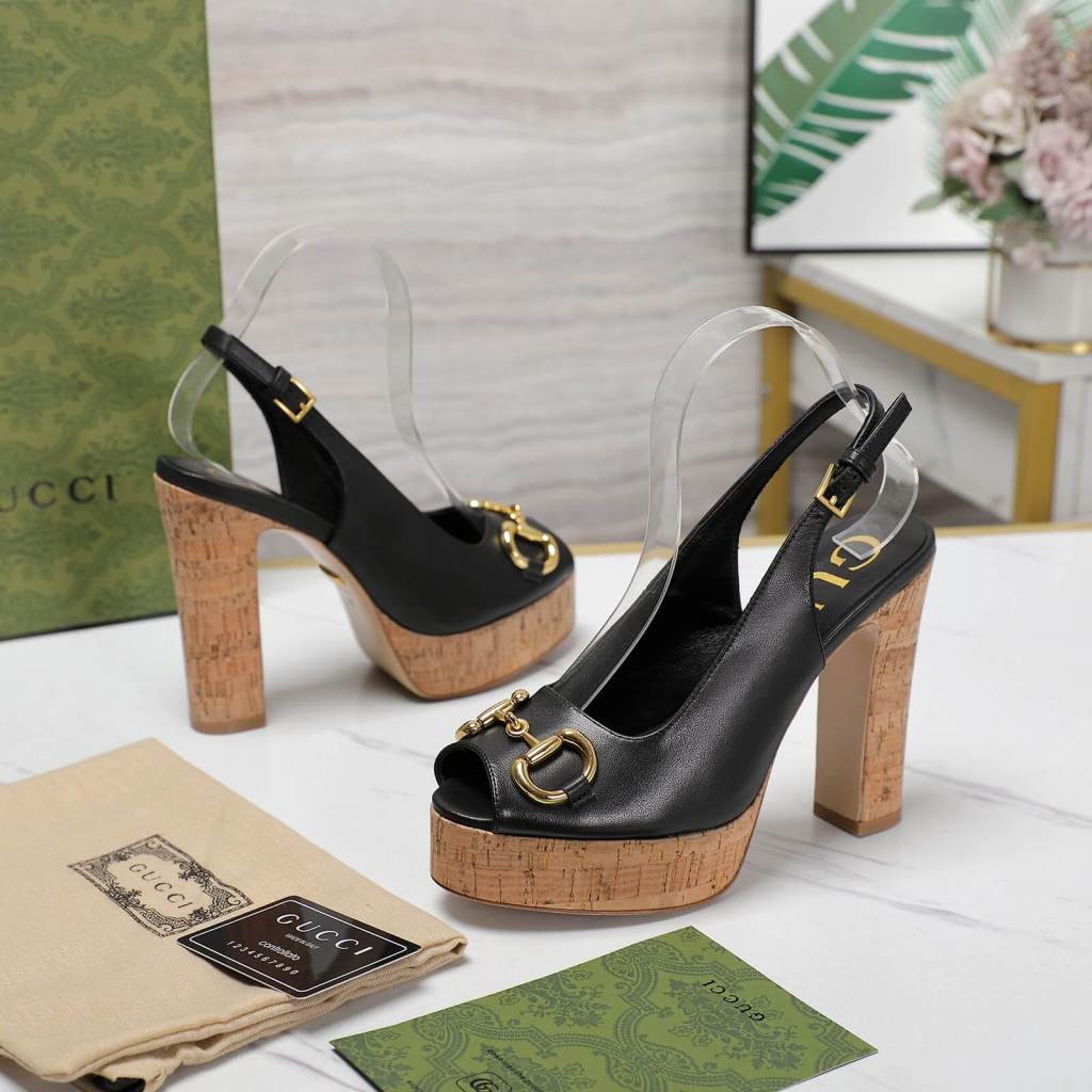 Gucci Classic Square Toe Platform Sandals in Black Leather