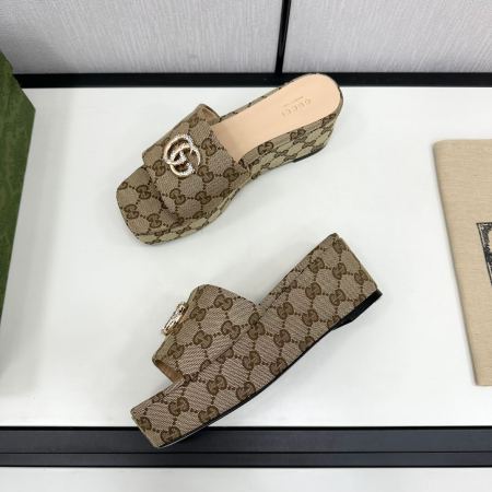 Gucci Double G Leather-Trimmed Canvas Slides in Beige GG Monogram