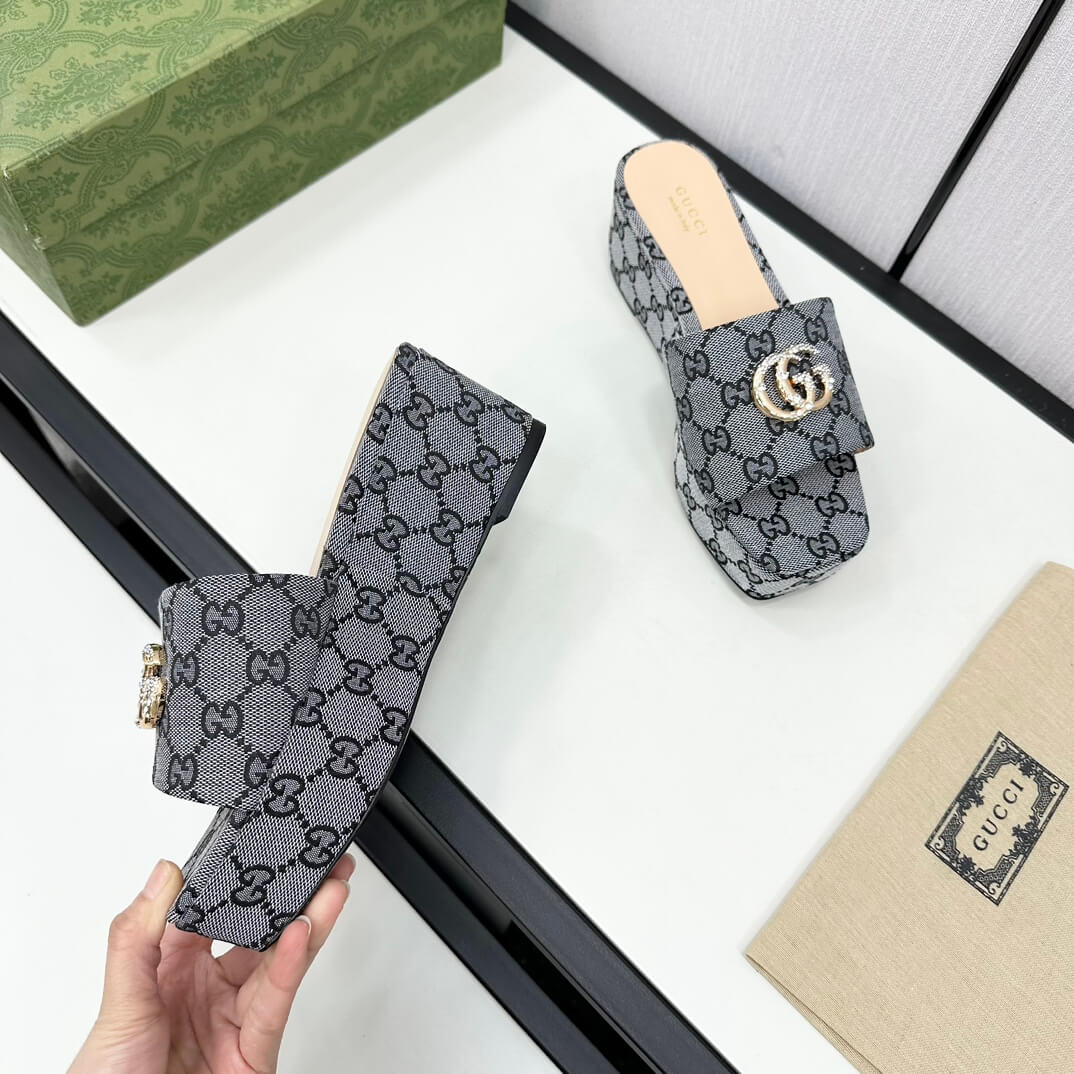 Gucci Double G Monogram Platform Slides in Black Canvas. - Image 2