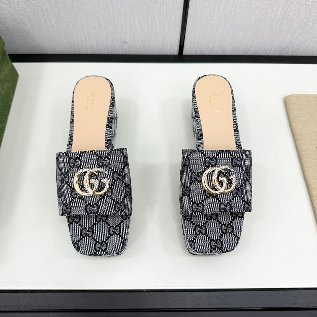 Gucci Double G Monogram Platform Slides in Black Canvas. - Image 4