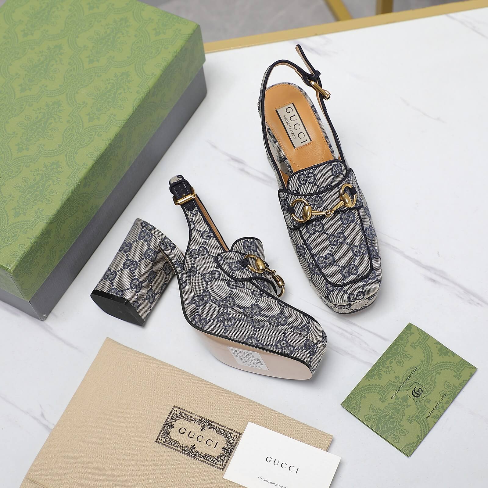 Gucci GG Monogram Canvas Horsebit Mid-Heel Slingback Pumps in Blue. - Image 10