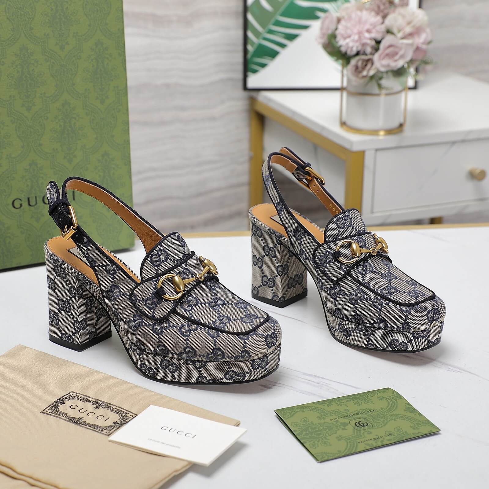 Gucci GG Monogram Canvas Horsebit Mid-Heel Slingback Pumps in Blue. - Image 9