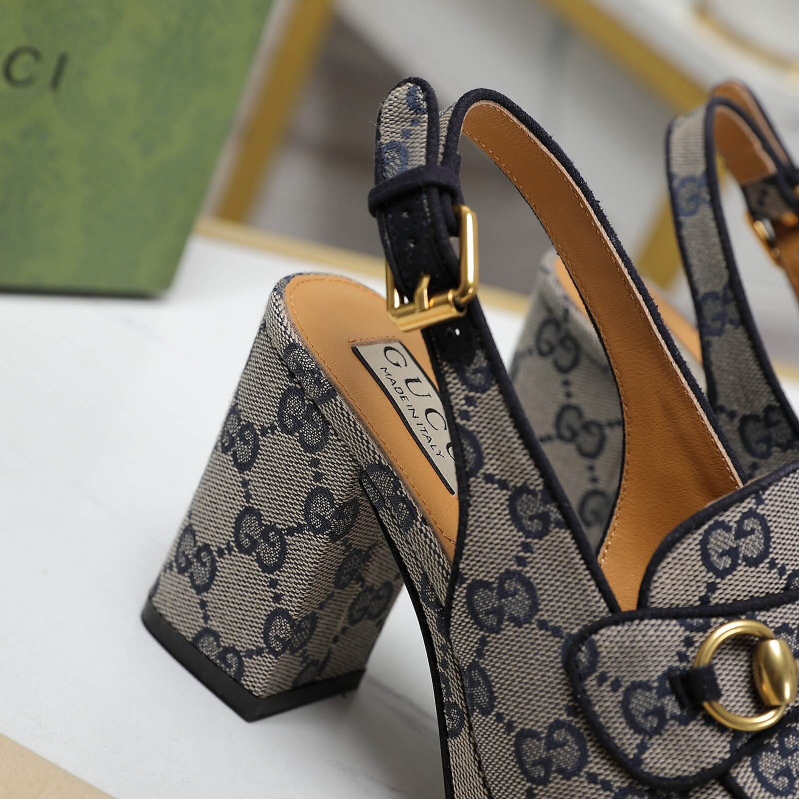 Gucci GG Monogram Canvas Horsebit Mid-Heel Slingback Pumps in Blue. - Image 7