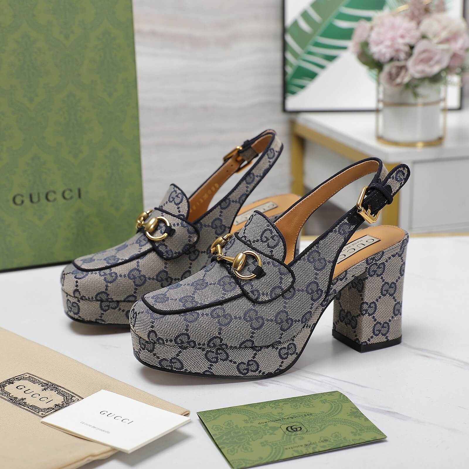 Gucci GG Monogram Canvas Horsebit Mid-Heel Slingback Pumps in Blue. - Image 6
