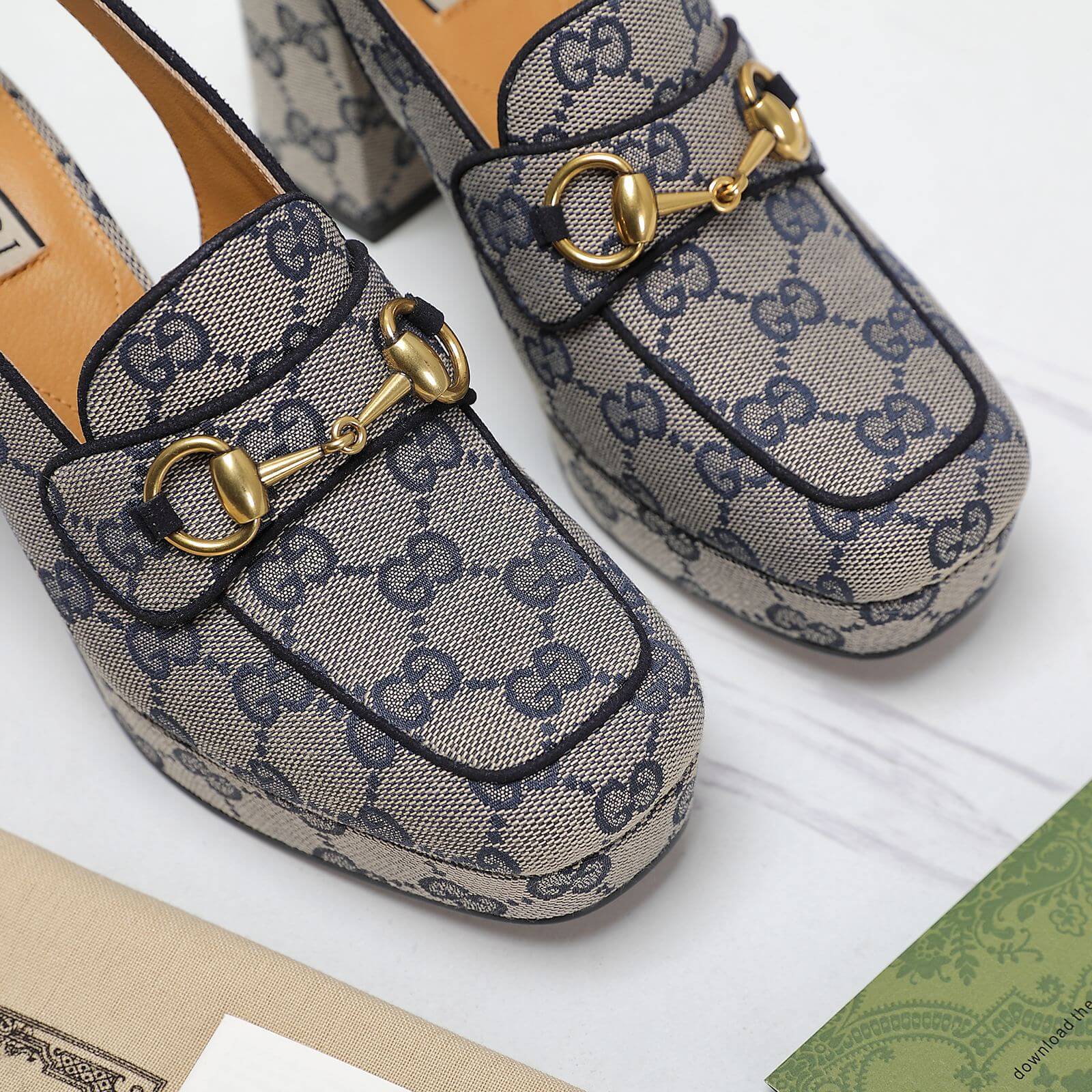 Gucci GG Monogram Canvas Horsebit Mid-Heel Slingback Pumps in Blue. - Image 4