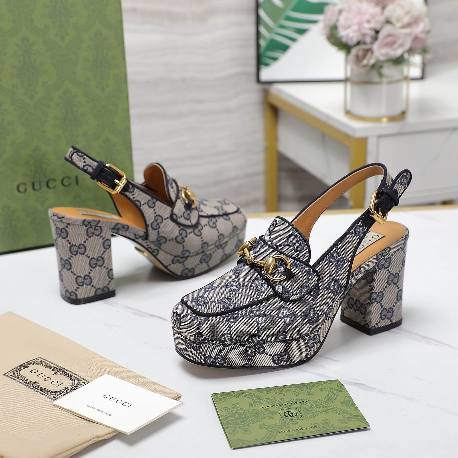 Gucci GG Monogram Canvas Horsebit Mid-Heel Slingback Pumps in Blue. - Image 3