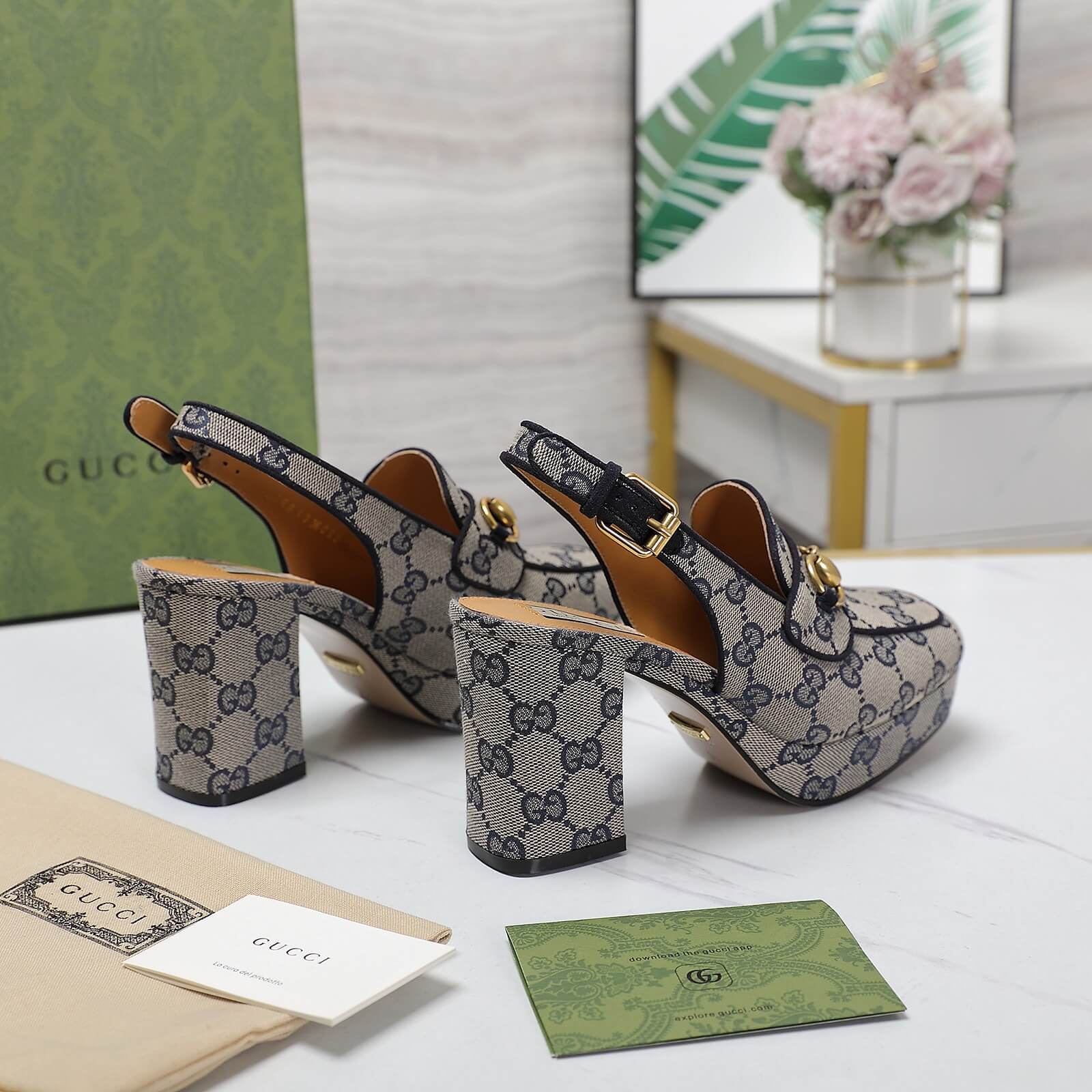 Gucci GG Monogram Canvas Horsebit Mid-Heel Slingback Pumps in Blue. - Image 2