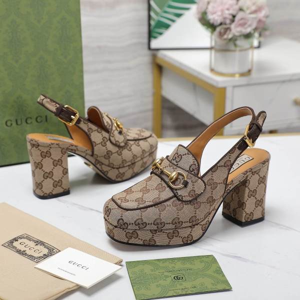 Gucci GG Canvas Horsebit Mid Heel Pumps in Beige/Brown.