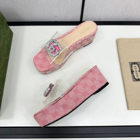 Gucci GG Canvas Platform Slide with Crystal Double G in Pink