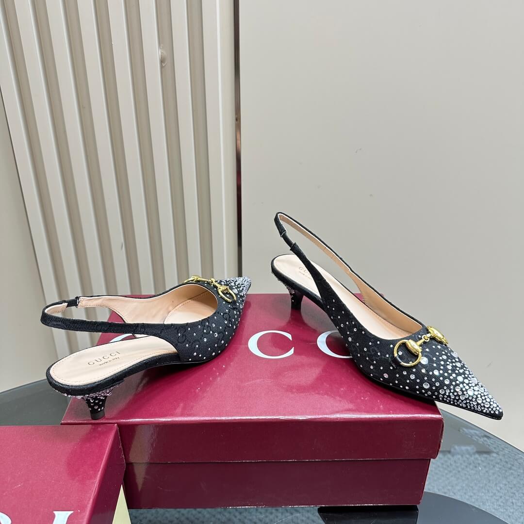 Gucci GG Crystal-Embellished Slingback Kitten Heels