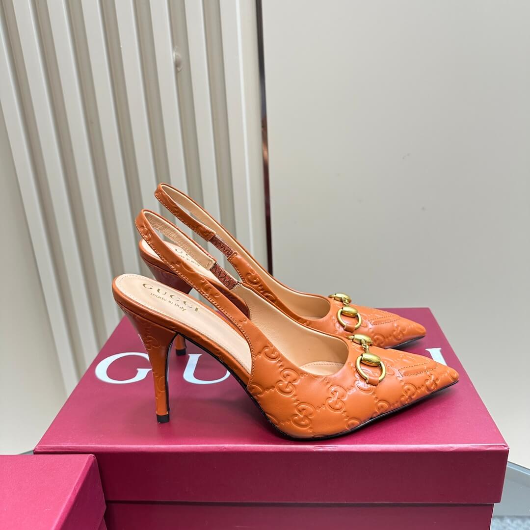 Gucci GG Embossed Caramel Leather Stiletto Slingback Heels - Image 3