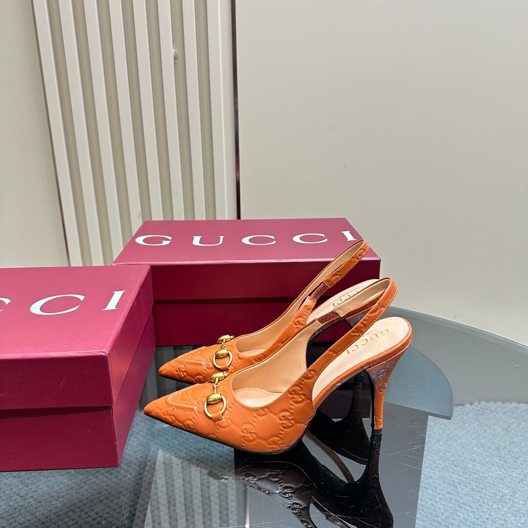 Gucci GG Embossed Caramel Leather Stiletto Slingback Heels - Image 6