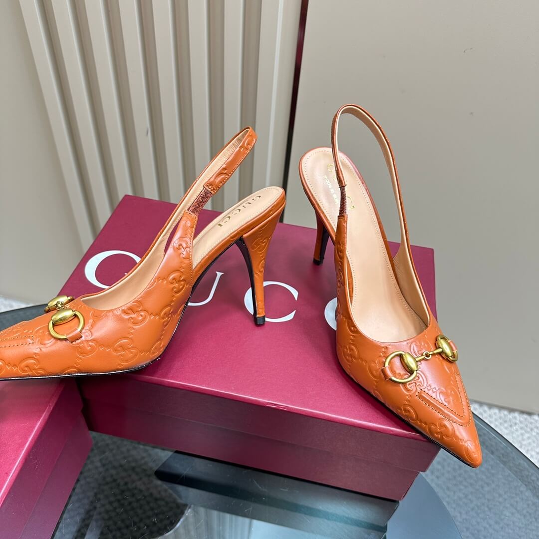 Gucci GG Embossed Caramel Leather Stiletto Slingback Heels - Image 5