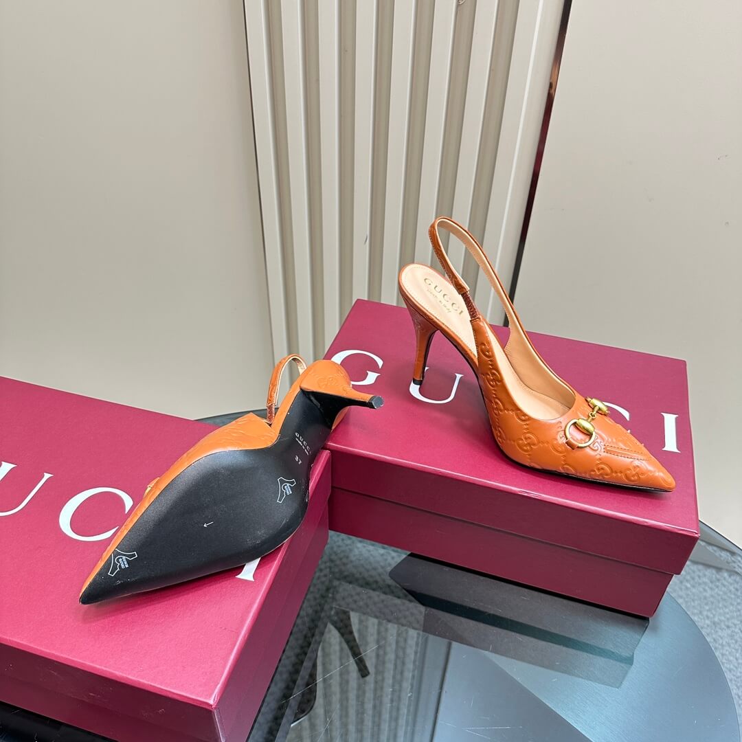Gucci GG Embossed Caramel Leather Stiletto Slingback Heels - Image 4