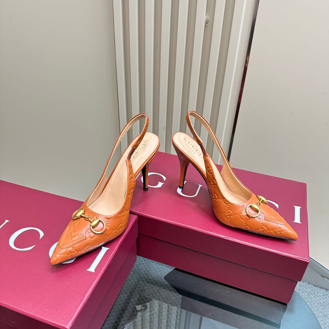 Gucci GG Embossed Caramel Leather Stiletto Slingback Heels