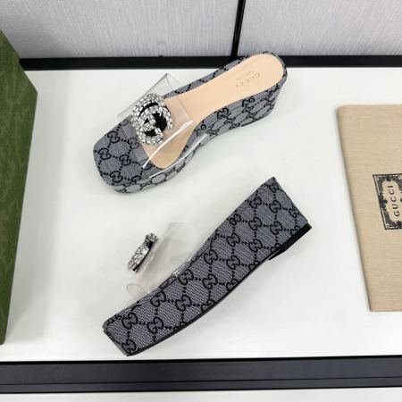 Gucci GG Supreme Monogram Crystal Embellished Platform Slide Sandal.