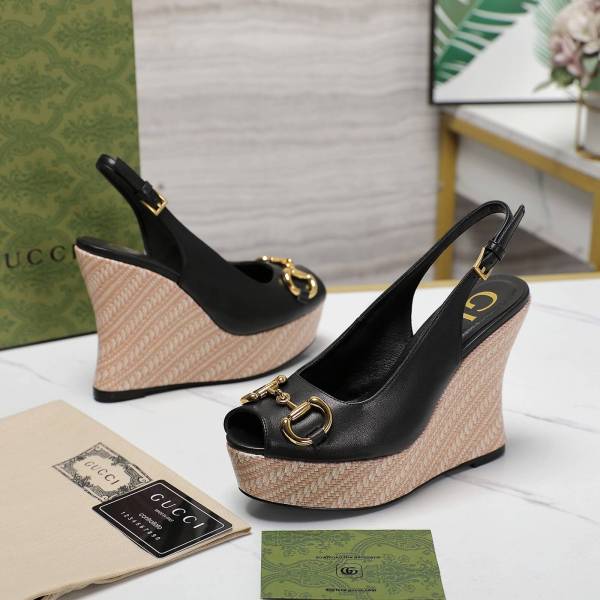 Gucci GG Wedge Platform Sandals in Black Calfskin