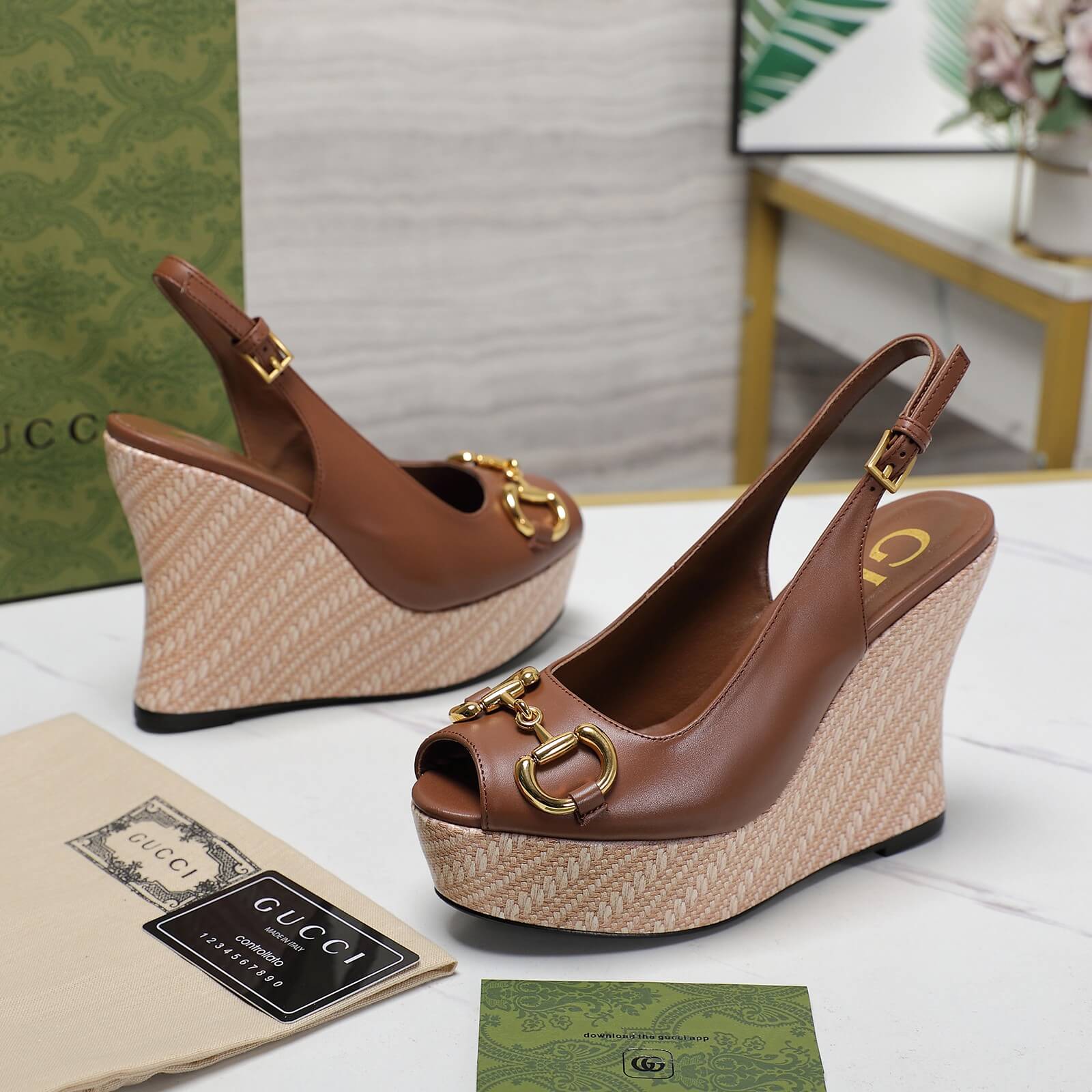 Gucci GG Wedge Platform in Brown Calfskin.