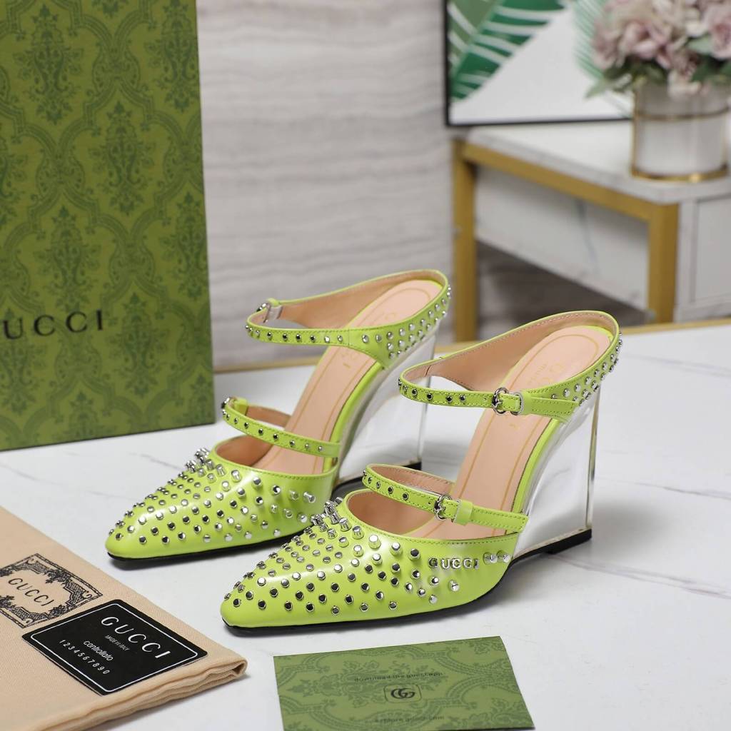Gucci Lime Green Studded Patent Leather Wedge Heels