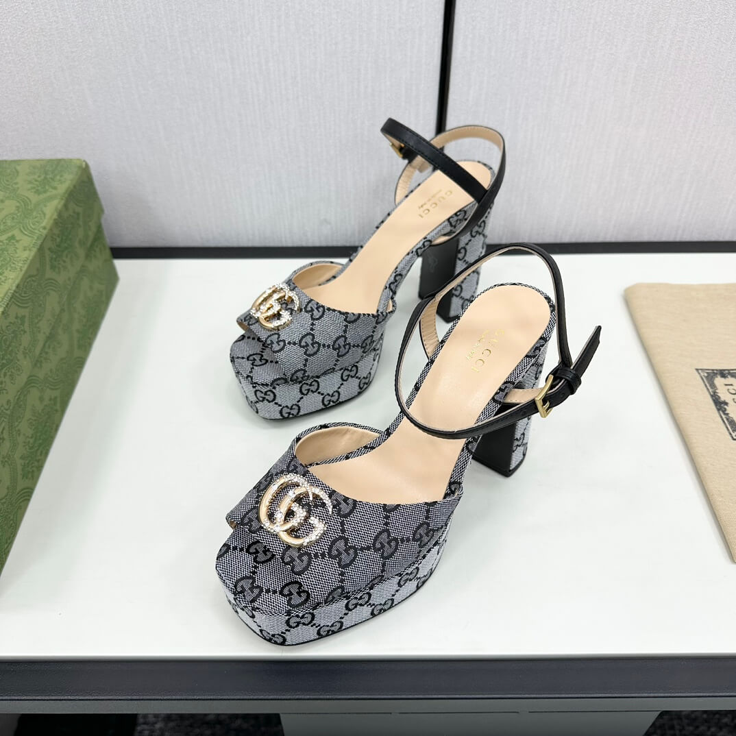 Gucci Metallic Chenille Jacquard-Knit Peep-Toe Platform Sandals in Black & Grey - Image 7