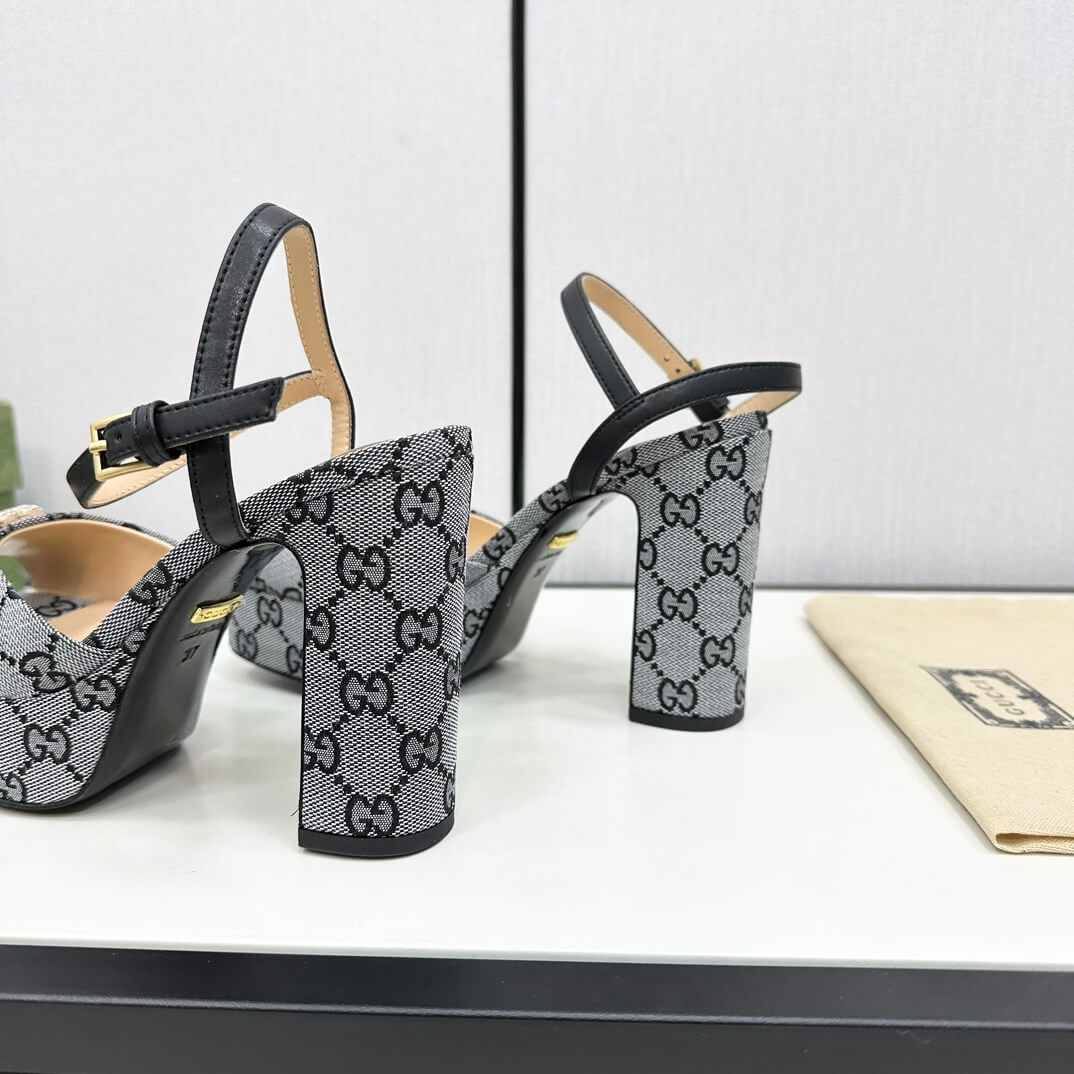 Gucci Metallic Chenille Jacquard-Knit Peep-Toe Platform Sandals in Black & Grey - Image 6