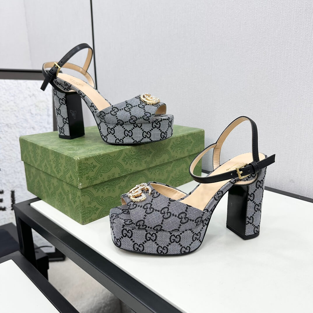 Gucci Metallic Chenille Jacquard-Knit Peep-Toe Platform Sandals in Black & Grey